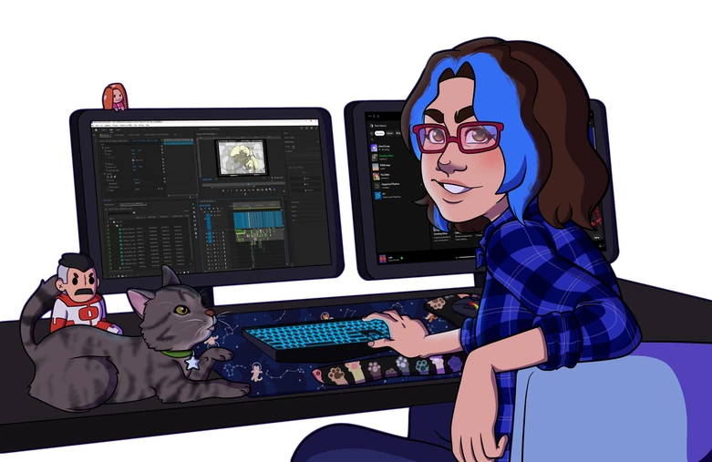 Illustration of Lea at her editing desk with her cat